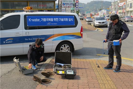 '케이워터 누수저감 특별 기술지원단'이 홍성군 광천읍에서 탐사장비를 이용해 누수여부를 조사하고 있다. /  사진제공 : 케이워터. 