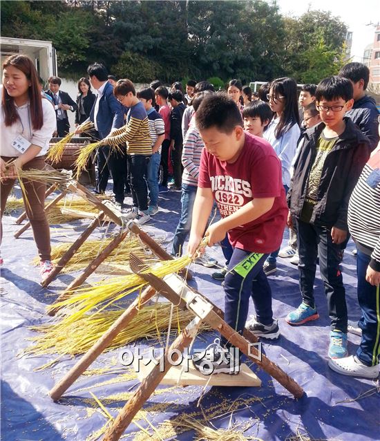 부산지역 학교에 설치한 체험포의 해남 벼를 학생들이 직접 수확하는 행사가 열려 눈길을 끌었다.