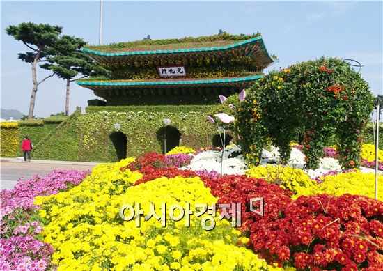 가을 대표축제인 '2015대한민국 국향대전’개막을 사흘 앞둔 20일 국화 축제장인 함평엑스포공원에 관광객들이 찾아와 그윽한 국화향기를 맡으면서 초가을 정취를 만끽하고 있다. 군은 관광객들이 가장 많이 찾는 축제장 중앙광장 입구에 광복 70주년을 기념하는 대형 광화문이 들어서 관광객의 이목을 집중시키고 있다.

함평 국향대전은 ‘국화향기가 들려주는 가을이야기’를 주제로 오는 23일부터 11월 8일까지 17일간 함평군 함평읍 함평엑스포공원에서 개최된다.
