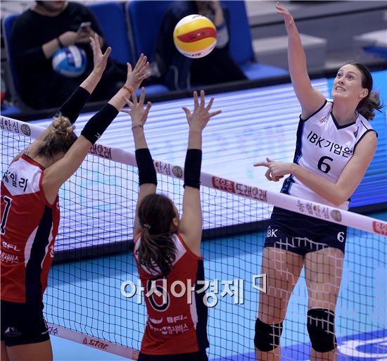 [포토]스파이크 공격하는 기업은행 맥마혼