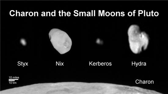 ▲명왕성과 다섯 개의 달을 묘사한 이미지.[사진제공=NASA]
