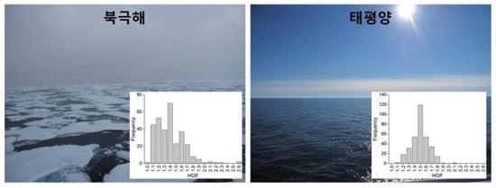 ▲북극해(왼쪽)와 태평양에서 각각 관찰한 초미세먼지 흡습성과 혼합 상태 특성을 보여주는 그래프.[사진제공=GIST]
