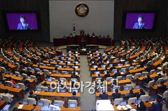 박근혜 대통령이 27일 오전 국회에서 2016년도 예산안 및 기금운용계획안에 대한 시정연설을 하고 있다.