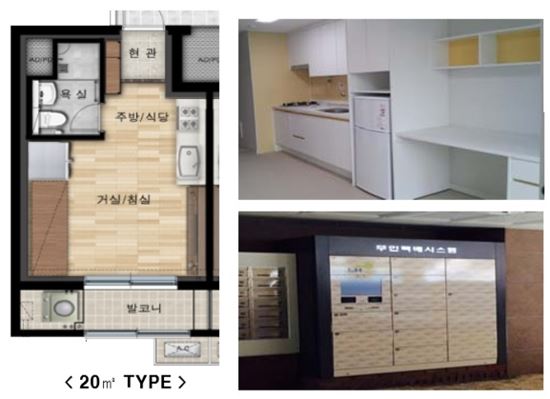 27일 입주하는 송파삼전지구 행복주택. 대학생용 행복주택의 경우에만 책상과 냉장고 등 빌트인이 제공된다. 현관에는 무인택배시스템이 설치돼 있다.