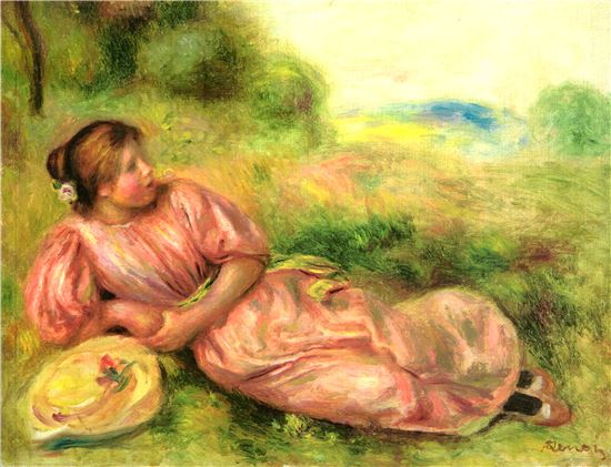 오귀스트 르누아르, '기대 누운 분홍색 원피스 차림의 소녀', 연도미상, oil on canvas, 33×41cm