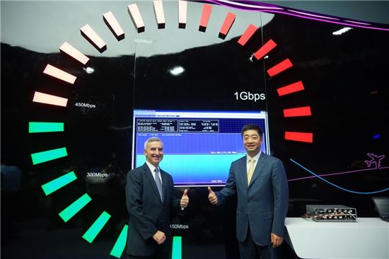 알렉스 아레나 HKT 그룹장과 켄 후 화웨이 부회장 겸 순환 CEO가 1Gbps 급 4.5G 모바일 네트워크를 시연하고 있다.