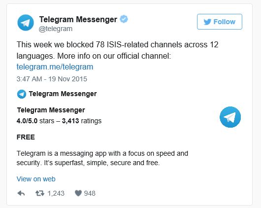 지난 19일(현지시간) 텔레그램이 공식 트위터를 통해 IS의 공식 채널 78곳을 차단했다고 밝혔다.(출처 : 테크크런치)