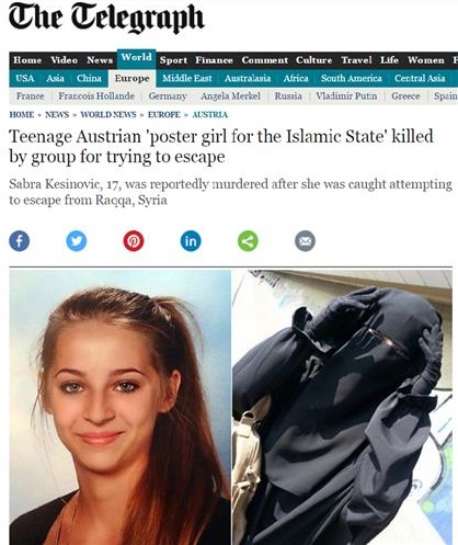 IS를 홍보하던 오스트리아 소녀 삼라 케시노비치가 사망한 것으로 전해졌다. 사진=텔레그래프 홈페이지