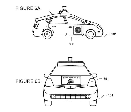 구글이 취득한 무인자동차 관련 특허. 전광판이나 스피커로 보행자에게 경고 내용을 알린다.(사진 = 미국 특허청)