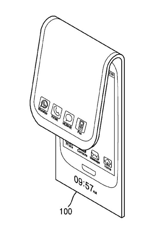 삼성의 폴더블 디스플레이 특허. 액정에 아이팟등 애플 앱이 보인다.(사진=USPTO)