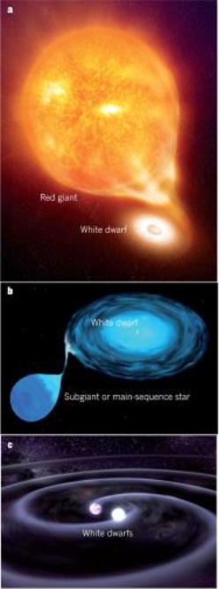 ▲적색거성의 가스를 백색왜성이 흡수(a), 주계열성의 가스를 백색왜성이 흡수(b)하면서 초신성 폭발이 일어난다. 두 개의 백색왜성의 충돌(c)로 초신성 폭발이 일어난다는 모델이다.[사진제공=미래부] 