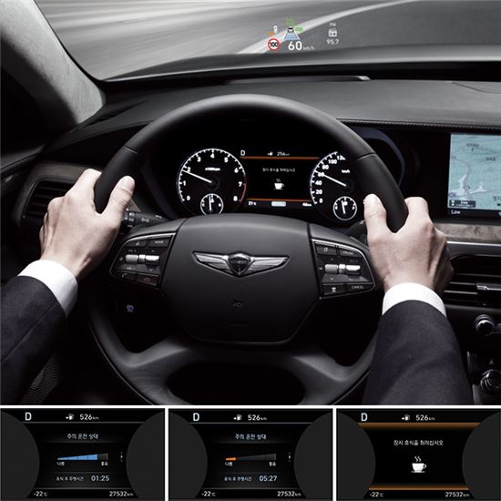 현대차 제네시스 EQ900의 부주의 운전 경보 시스템. 운전자의 피로나 부주의 운전 패턴이 심각하다고 판단되면 팝업 메시지와 경보음으로 휴식을 유도한다.