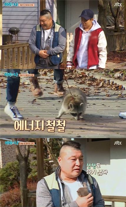 라쿤 경계하는 강호동. JTBC '마리와 나' 방송화면 캡처