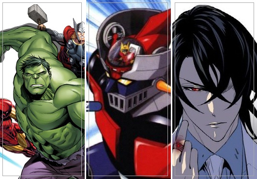 왼쪽부터 미국 마블코믹스 헐크, 일본 다이나믹 프로덕션 '마징가Z', 한국 네이버웹툰 '노블레스'.