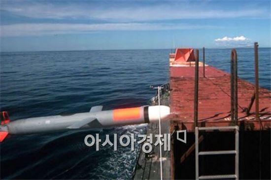 해상 이동 표적(함정)을 정확히 맞추고 있는 토마호크 블록4 순항 미사일