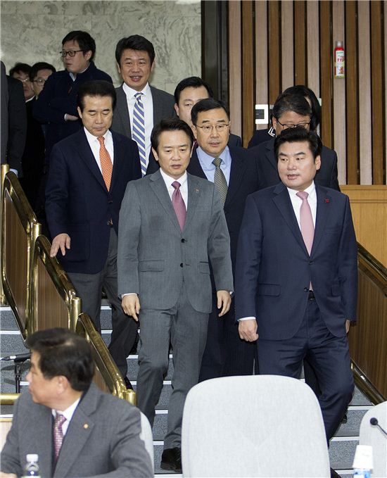 남경필 경기지사(왼쪽)가 29일 새누리당 원내대책회의 참석을 위해 원유철 원내대표와 함께 입장하고 있다.