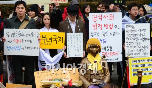 주한 일본대사관 앞에 설치된 '평화의 소녀상'.