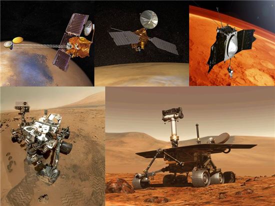 ▲화성의 탐사선들. 오디세이, MRO, 메이븐(위쪽 왼쪽부터)과 큐리오시티, 오퍼튜니티(아랫쪽 왼쪽부터).[사진제공=NASA]