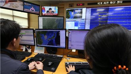 (서울 = 연합뉴스)6일 기상청 국가지진화산센터 분석관들이 폭발 진원지를 살피고 있다. 