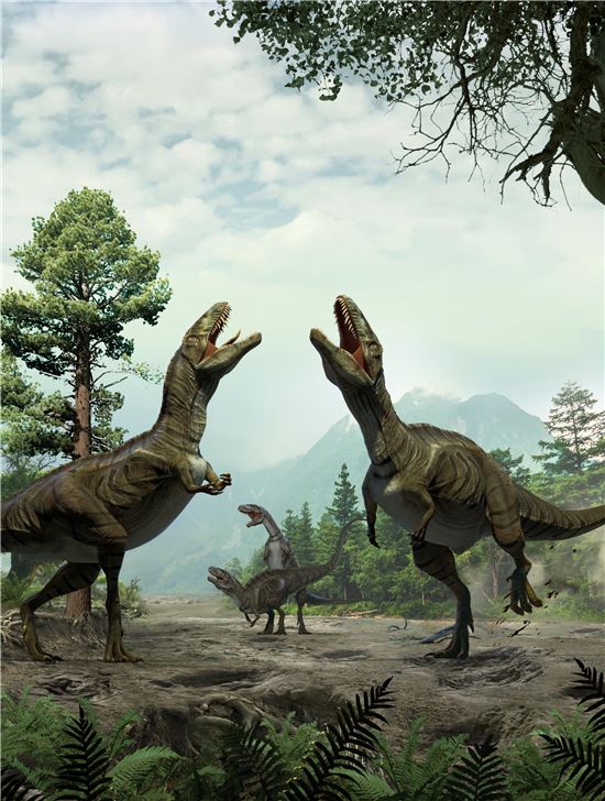 암컷을 유혹하기 위한 구애행위 의식을 벌이고 있는 수컷 거대 육식공룡들의 모습. 가운데 멀리서는 짝짓기 모습이 보인다.