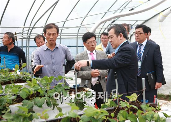 유근기 곡성군수가 딸기 농장에서 농민들과 대화를 하고있다.