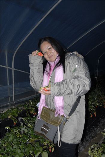 경기관광공사와 양평군이 공동으로 추진하는 딸기체험 행사에 참여한 동남아 관광객이 딸기를 들고 환화게 웃고 있다. 