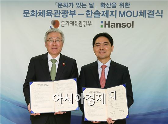 김종덕 문화체육관광부 장관(왼쪽)과 이상훈 한솔제지 대표이사