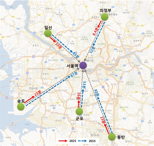 수도권광역급행열차(GTX)로 인한 수도권 주요지역 통행시간 변화(출처: 한국교통연구원)