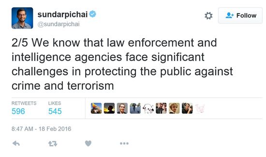 구글 CEO, 팀쿡 측면지원…'국가안보' Vs '프라이버시' 논쟁 확산