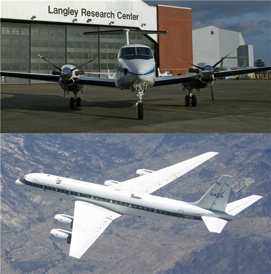▲공기질 모니터링에 참여하는 나사의 연구비행선 UC-12B(위쪽)과 DC-8.[사진제공=NASA]
