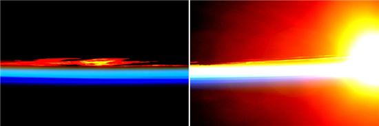 ▲지난 1월13일 스콧 켈리가 ISS에서 지켜본 일몰(왼쪽)과 일출.[사진제공=NASA]
