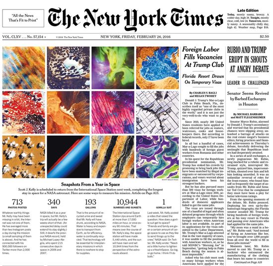 ▲26일자 뉴욕타임스. 스콧 켈리의 중요한 기록들을 1면 톱으로 전했다. 우주과학에 대한 미국 미디어와 독자들의 관심을 엿볼 수 있는 대목이다.[사진제공=NYTimes] 