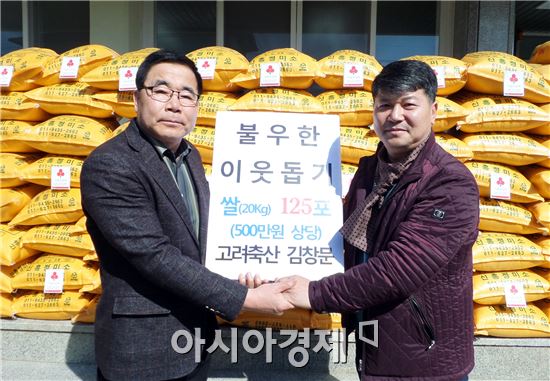김창문 고려축산 대표(오른쪽)가 2일 어려운 이웃을 위해 써달라며 500만원 상당의 쌀 125포를 함평군 함평읍사무소(읍장 이광우)에 기증했다.

