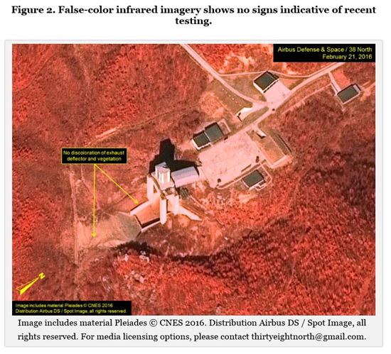 적외선 위성사진을 분석한 결과 엔진 실험 때 발생하는 연기나 열 때문에 변색된 곳은 발견되지 않았다. (사진=38 north)