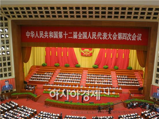 5일 오전 9시(현지시간) 베이징 인민대회당에서 열린 전국인민대표대회(전인대) 개막식에서 리커창(李克强) 국무원 총리가 '정부 업무보고'를 하고 있다.