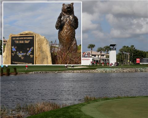혼다클래식의 격전지 PGA내셔널챔피언코스 15번홀, "여기서부터 베어트랩입니다"라는 거대한 곰 표지석이 있다.