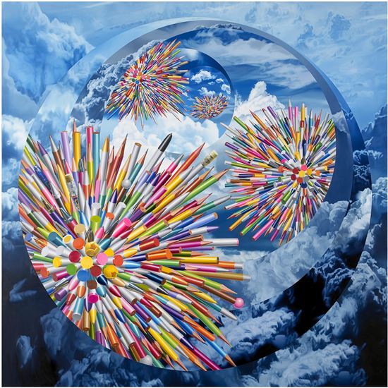 홍경택, '연필그림- 여섯개의 하늘', 2014년, oil on linen_ 250x250cm