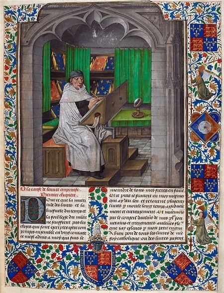 사진 = Miniature of Vincent of Beauvais writing in a manuscript of the Speculum Historiale in French, Bruges, 1478~1480, British Library (영국 브리티시 박물관에 소장되어있는 필경사와 스트립토리움(사본실)를 담은 삽화), 위키피디아 제공