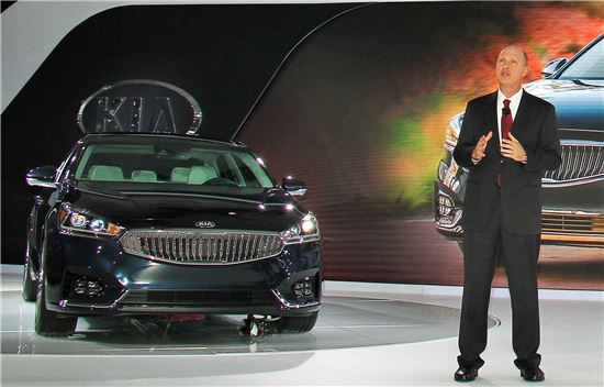 오스 헤드릭 기아차 미국법인 상품전략 담당 부사장이 북미 최초로 공개된 신형 K7에 대해 소개하고 있다.
