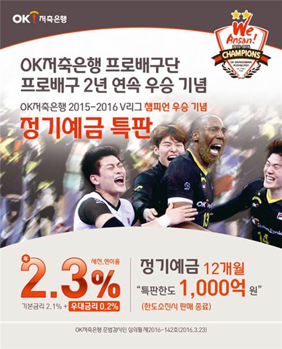 OK저축銀, 배구단 2년 연속 우승 기념 '2.3% 정기예금 특판'