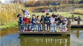 태평습지를 찾은 어린이들이 물고기를 관찰하고 있다. 