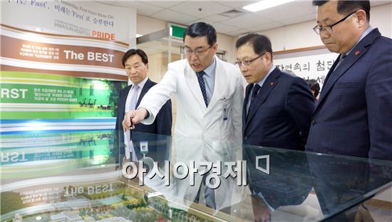 김형준 화순전남대병원장(왼쪽에서 두번째)이 김백수 국민건강보험공단 광주본부장(왼쪽에서세3번째) 일행에게 병원 축소모형을 보며 설명하고 있다.