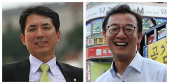 부산 북강서갑 박민식 새누리당 후보(왼쪽)와 전재수 더불어민주당 후보.