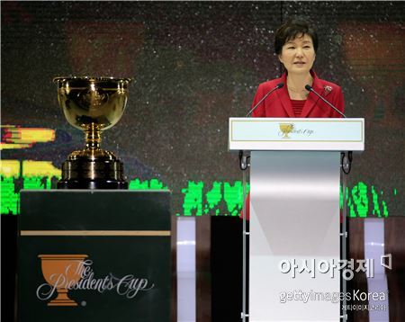 박근혜 대통령의 지난해 프레지던츠컵 개회사 장면. 사진=Getty images/멀티비츠 
