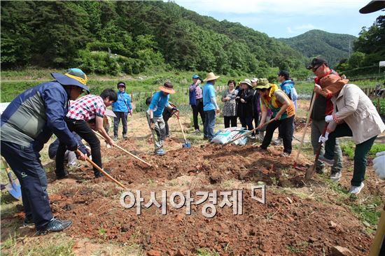 광주광역시 동구는 19일 도시농부학교 수강생 현장체험을 실시했다. 이날 도시농부 회원 50여명은 내남 주말농장에서 농기구 사용법, 밭이랑 만드는 법, 씨 뿌리는 요령, 퇴비 만드는 요령 등의 현장실습을 했다. 사진제공=광주시 동구