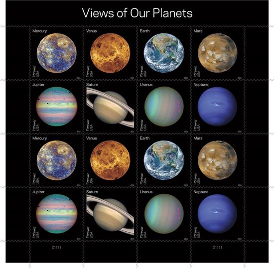 ▲수성~해왕성에 이르는 8개의 태양계 행성을 표현한 우표.[사진제공=USPS/NASA]