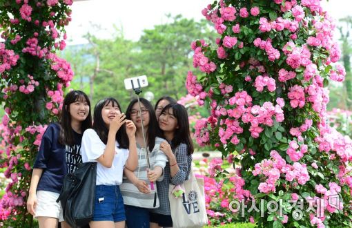 [포토]장미꽃 사이 웃음 띤 소녀들 