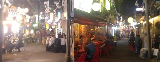 1일 오후 9시. 서울 종로구 자하문로 사잇골목에 위치한 '세종마을 음식문화거리' 모습. 점포 곳곳에는 직장인들이 삼삼오오 모여 앉아 술잔을 기울였다.  