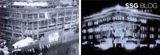 미스코시백화점 경성점 신축장면(왼), 조명으로 장식한 미스코시 경성점 외관 야경(오)
