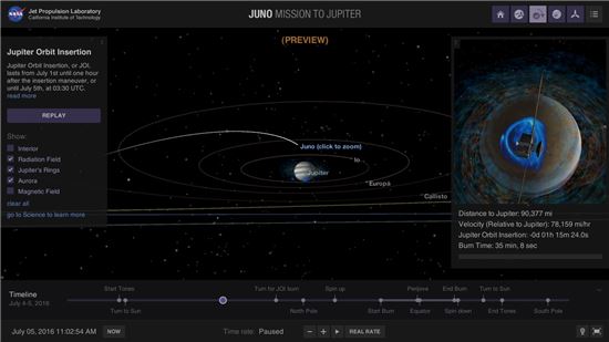 ▲'주노의 눈' 앱은 마치 주노 탐사선 안에서 목성을 보는 듯한 느낌을 준다.[사진제공=NASA]